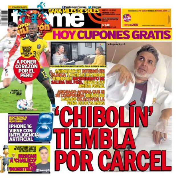 Portada impresa de Trome del martes 10 de setiembre de 2024