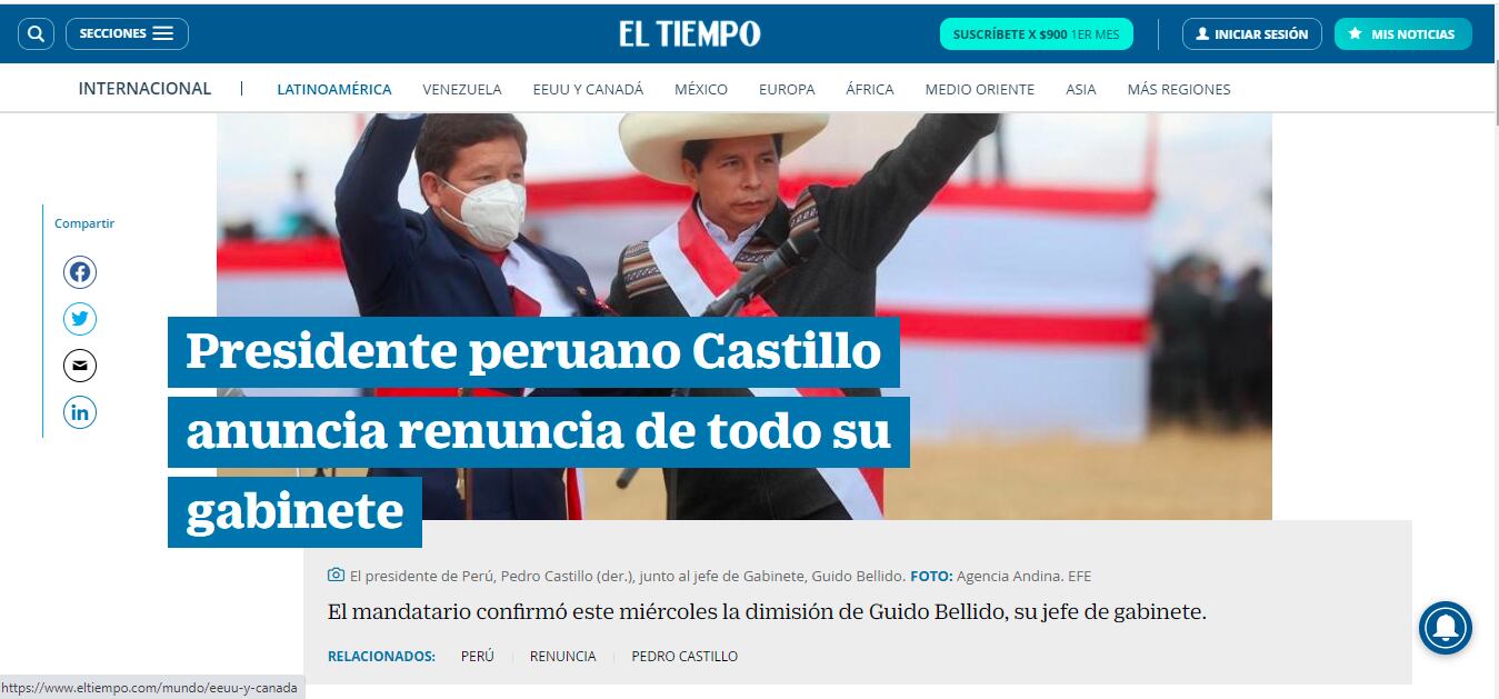 Renuncia de Guido Bellido en El Tiempo.