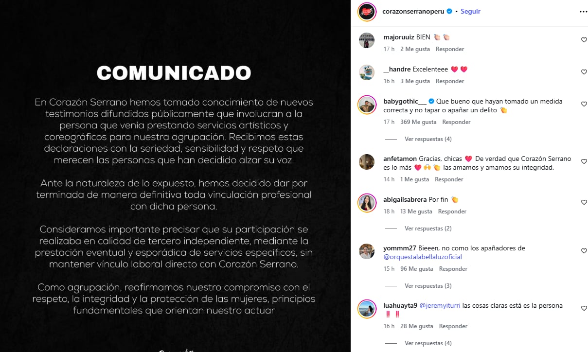 Comentarios en la publicación de Corazón Serrano.
