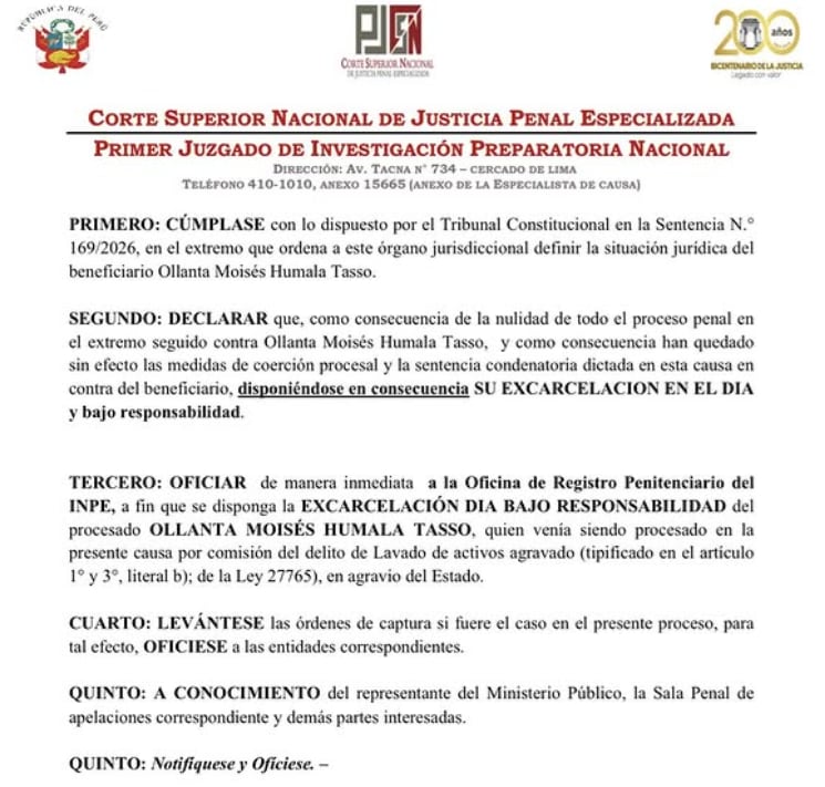 Poder Judicial dispone la excarcelación de Ollanta Humala tras fallo del Tribunal Constitucional.
