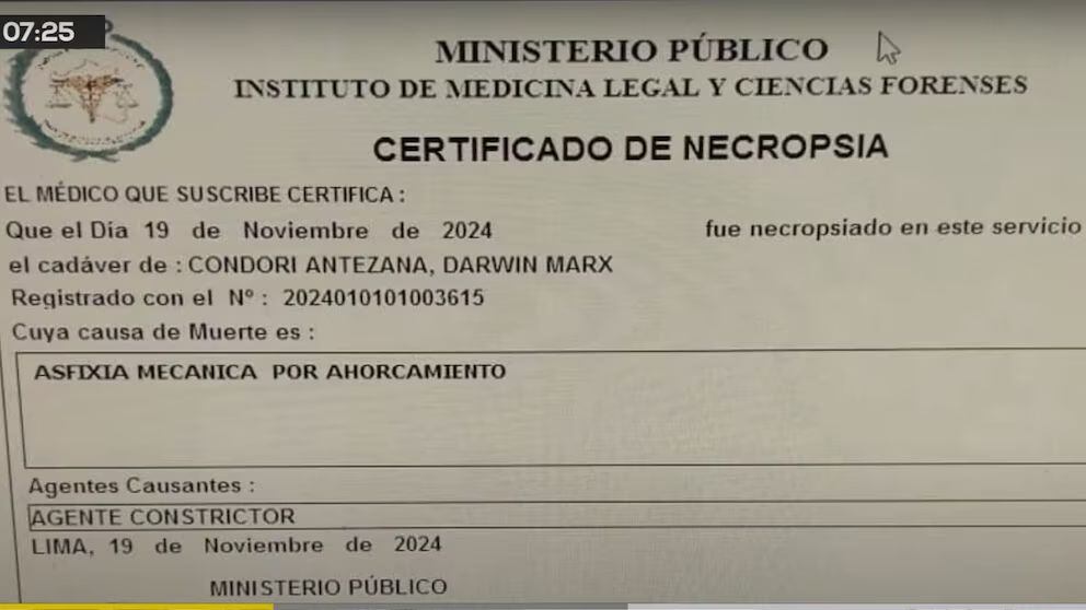 Certificado de necropsia de Darwin Condori. Foto: RPP.