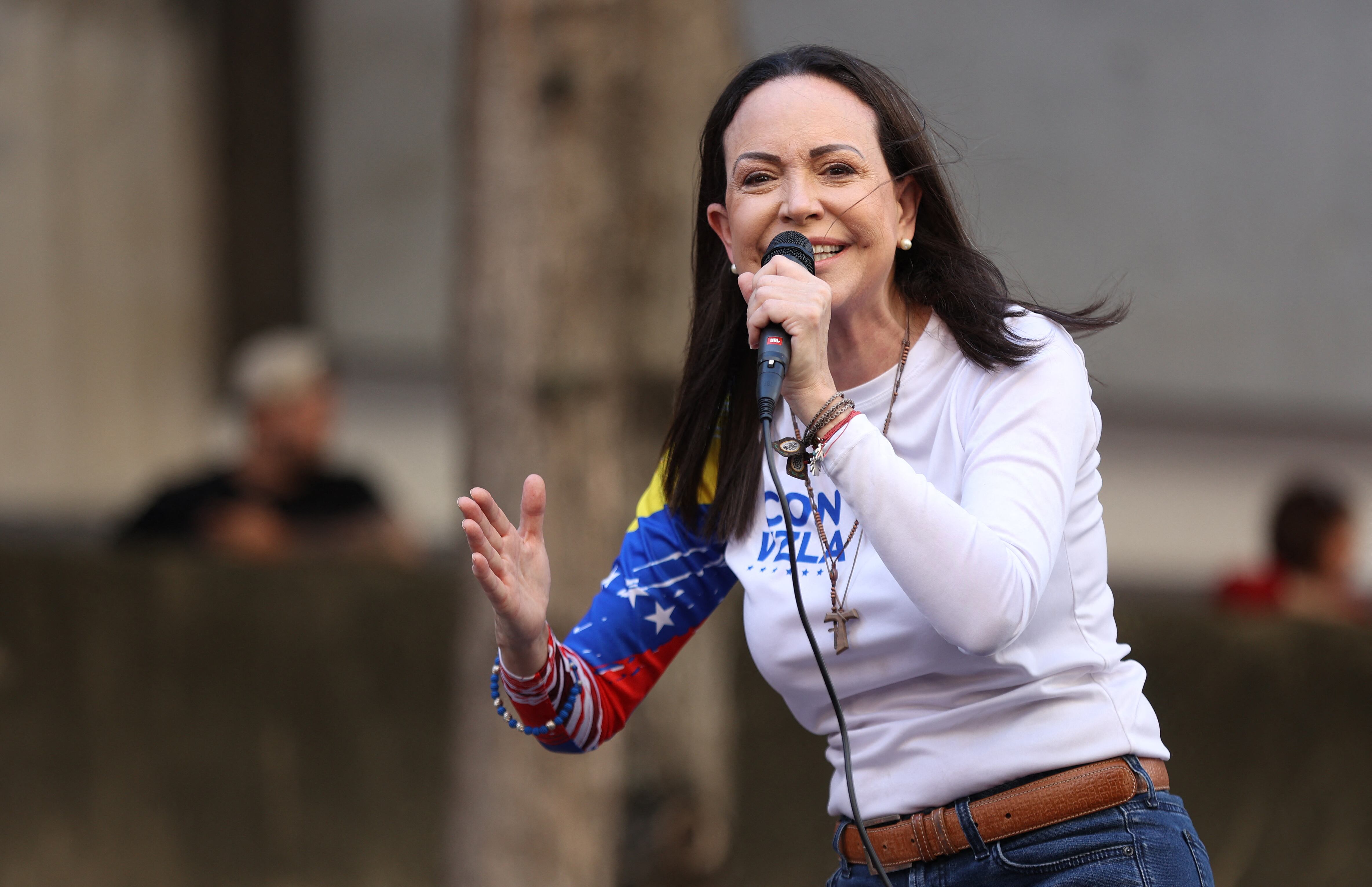 La líder de la oposición venezolana María Corina Machado durante una protesta en Caracas el 9 de enero de 2025. (Foto de Pedro MATTEY/AFP).