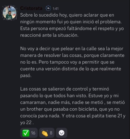 Cristorata negó haber iniciado la pelea con el joven.