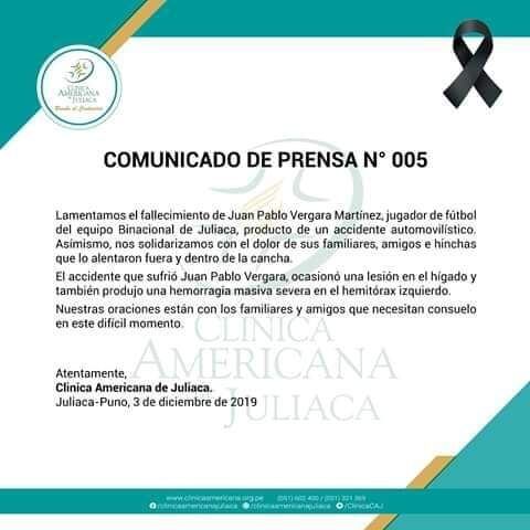 Comunicado clínica sobre el fallecimiento de Juan Pablo Vergara.