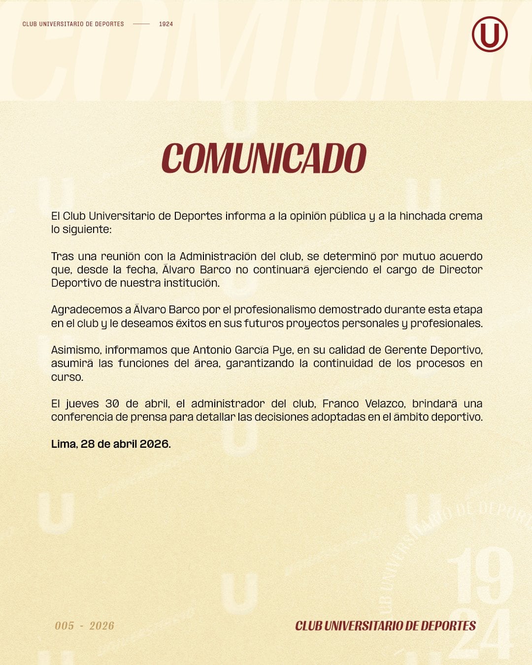 Club estudiantil comunicó la salida de Álvaro Barco (@Universitario)