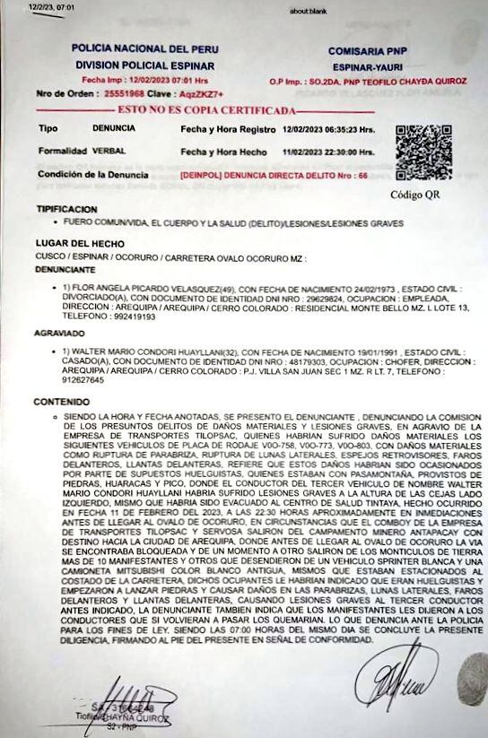 Cusco: Esta la denuncia hecha en la comisaría de Imata tras el cobarde ataque.