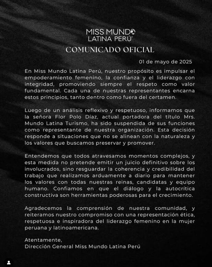 Organización del Miss Mundo Latina Perú suspende a Florcita Polo de sus funciones.