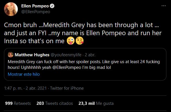 Capture del tweet de respuesta a Ellen Pompeo. (Foto: Twitter)