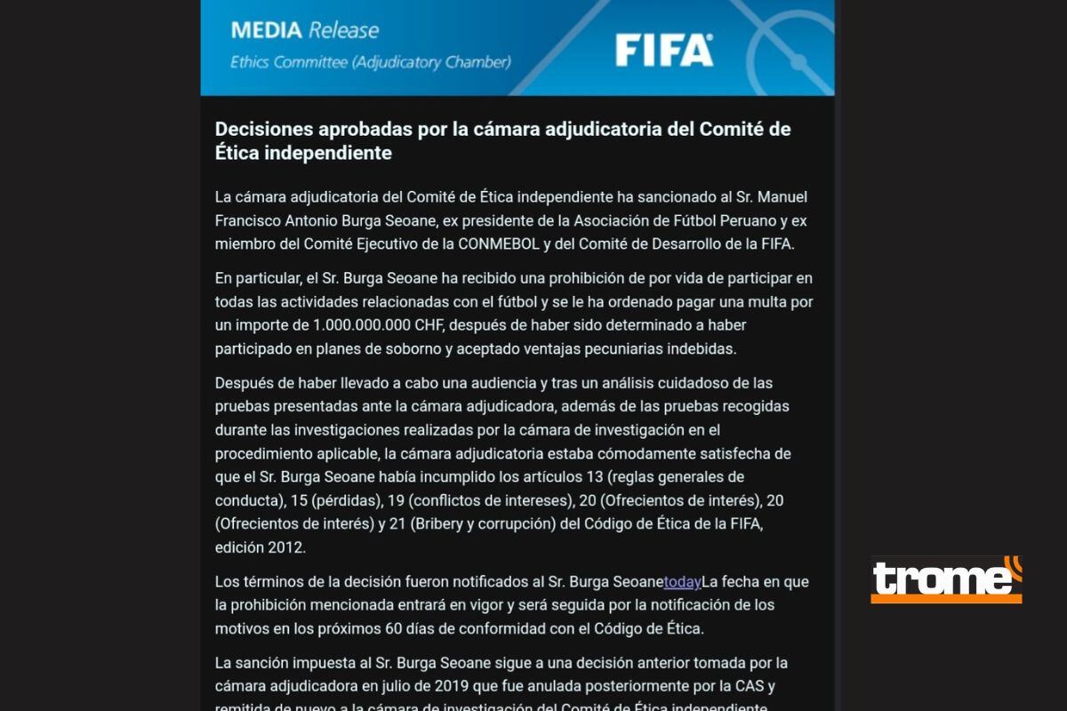 Comité de Ética de la FIFA compartió resolución sobre inhabilitar Manuel Burga (@fifa)