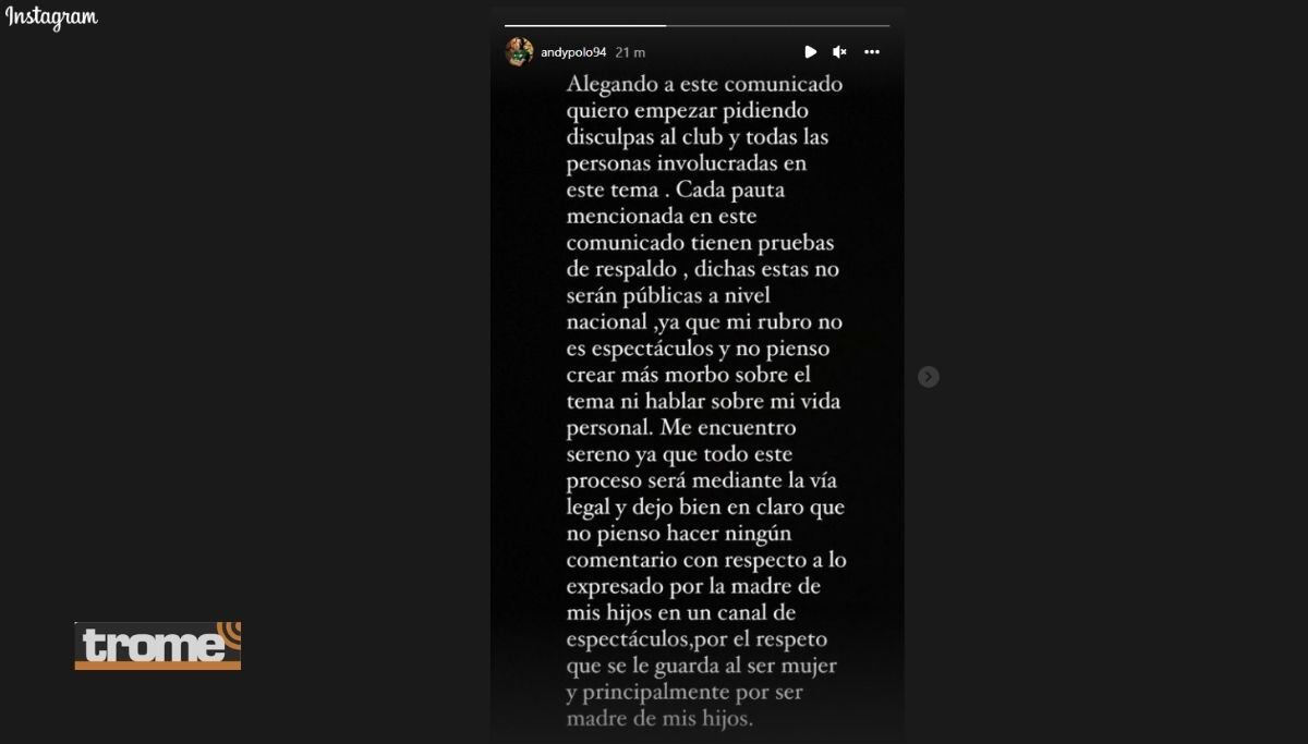 Jugador pidió disculpas desde sus redes sociales y sigue firme en que no esgresor (Insatagram: @andypolo94)