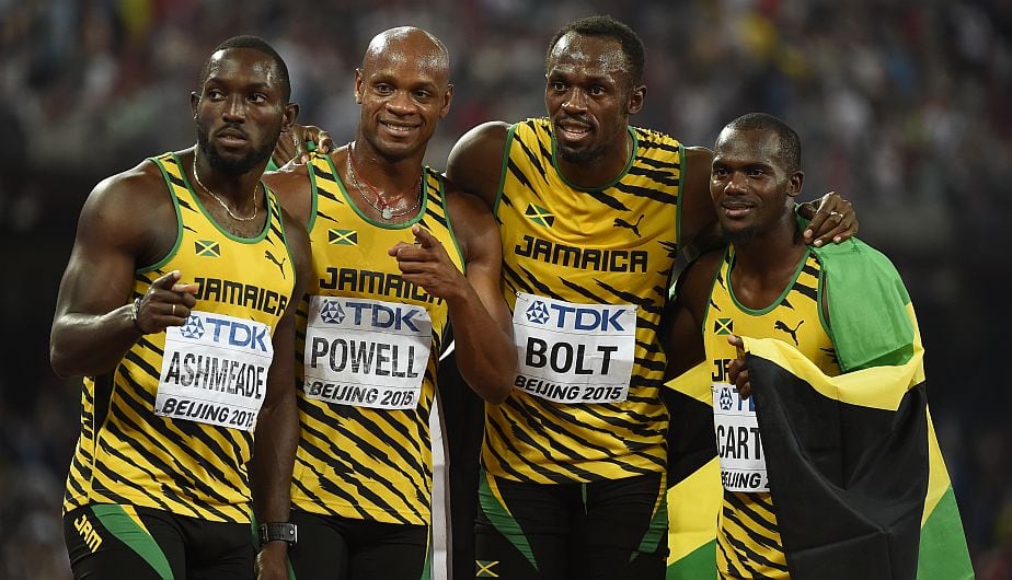 Asafa Powell junto a Usain Bolt, Nesta Carter y Nickel Ashmeade. (AFP)