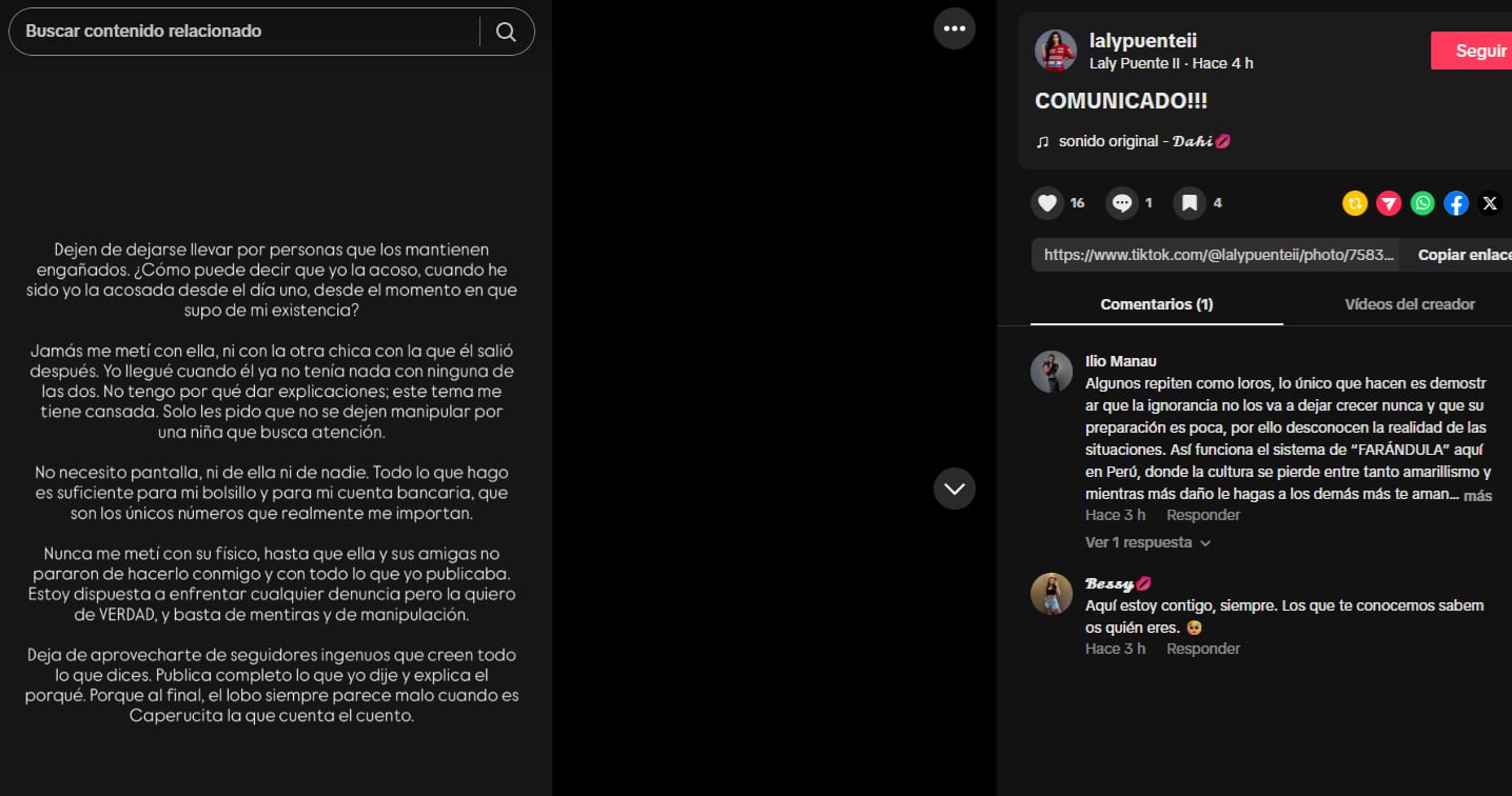 Lali Puente, pareja de Ilio, desmiente a Mafer Portugal tras acusación de acoso.