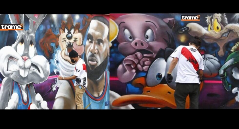 Jóvenes realizan arte graffitero y mejoran espacios públicos abandonados en Lima. Plasmaron a LeBron James y los Looney Tunes de Space Jam 2. (Entrevista: Isabel Medina / Foto: Trome / Eduardo Cavero)