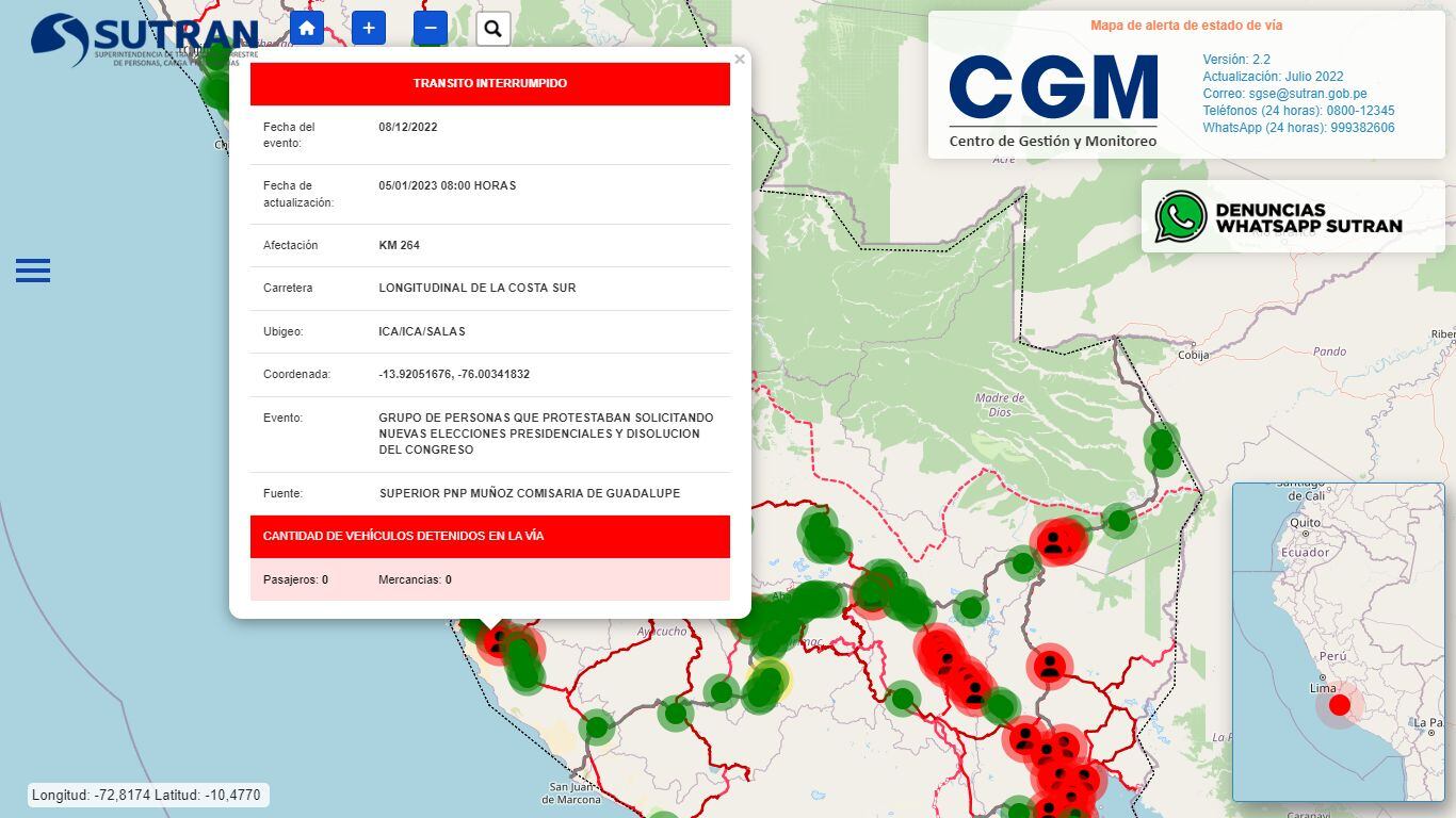 Dos puntos de la Panamericana Sur en Ica permanecen bloqueados por manifestantes. (Foto: Sutran)