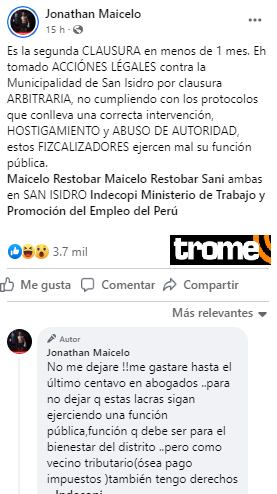 Jonathan Maicelo advierte a la Municipalidad de San Isidro.