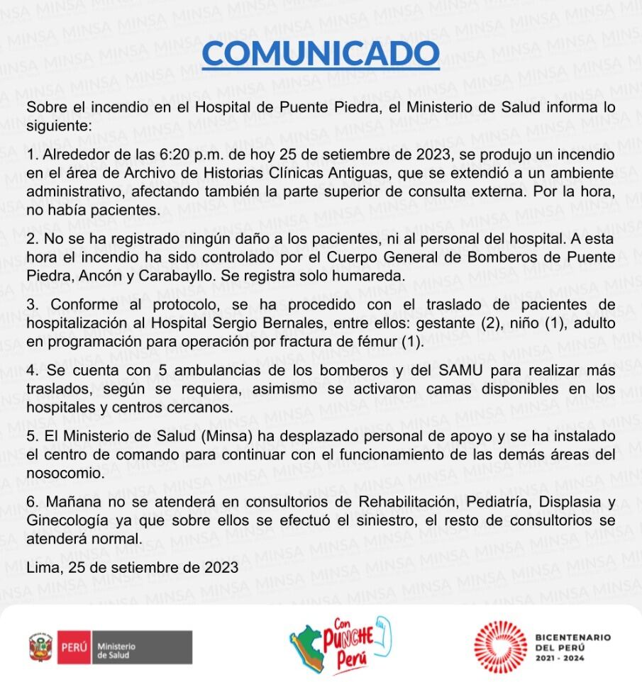 Ministerio de Salud emitió un comunicado tras incendio en Hospital de Puente Piedra.