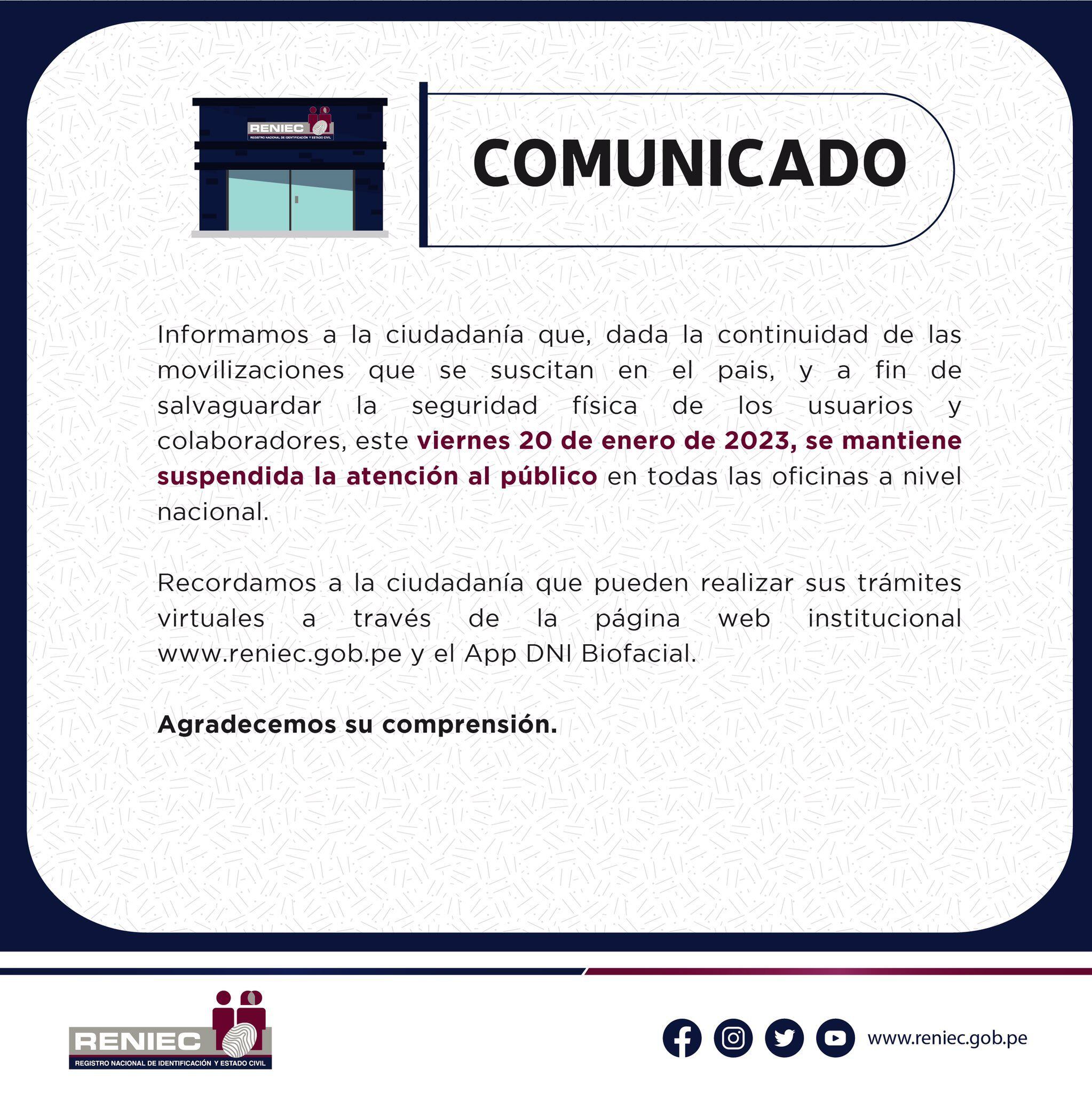 Comunicado de Reniec. (Foto: Twitter)