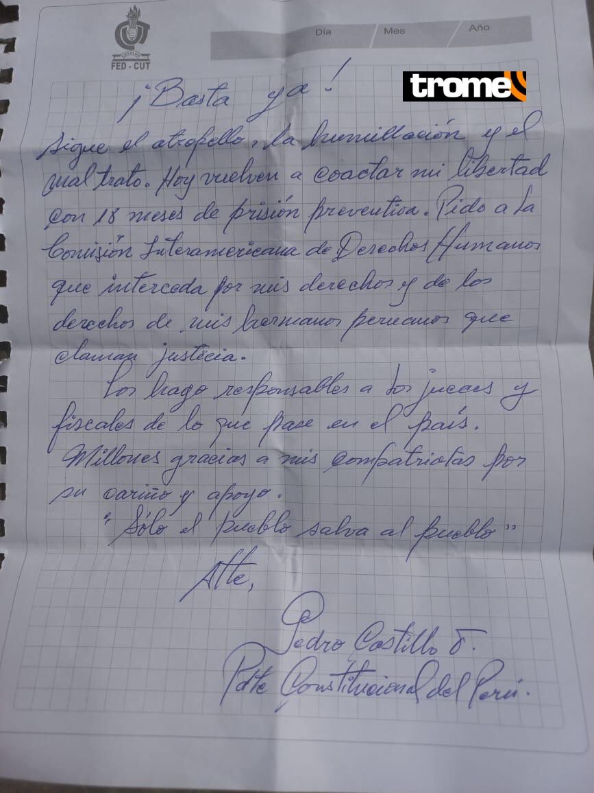 Pedro Castillo envía carta y amenaza con protestas en el país.