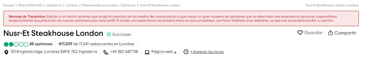 Tripadvisor suspendió temporalmente la publicación de nuevas opiniones para el restaurante de Salt Bae. (Foto: TripAdvisor)