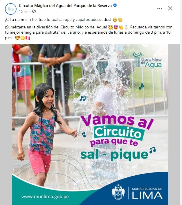 Circuito Mágico del Agua hizo invitación con canción de Shakira. (Facebook oficial).