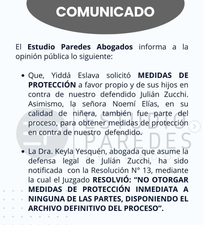Juzgado deja sin efecto las medidas de protección solicitadas por Yiddá Eslava contra Julián Zucchi.