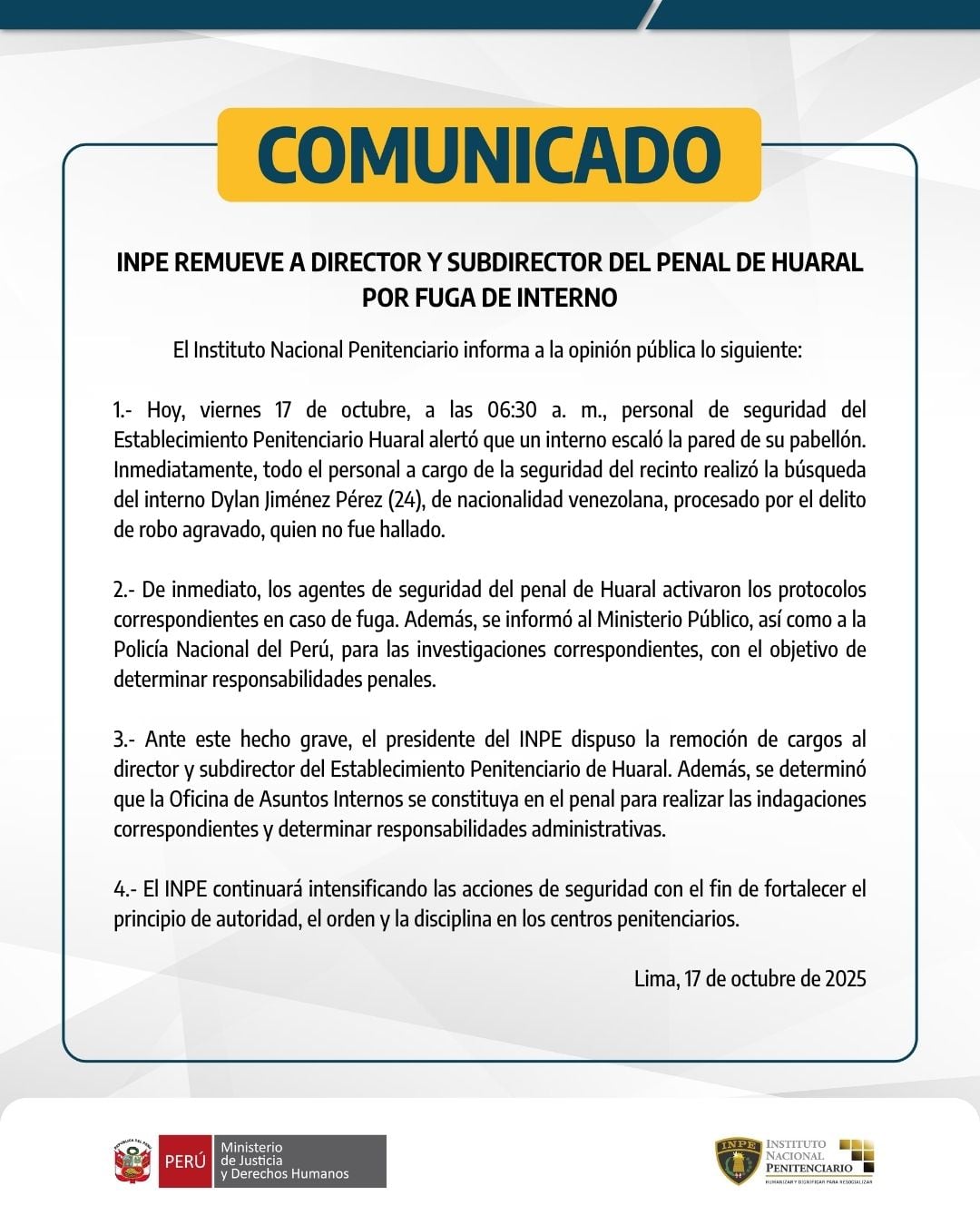 INPE REMUEVE A DIRECTOR Y SUBDIRECTOR DEL PENAL DE HUARAL POR FUGA DE INTERNO.
