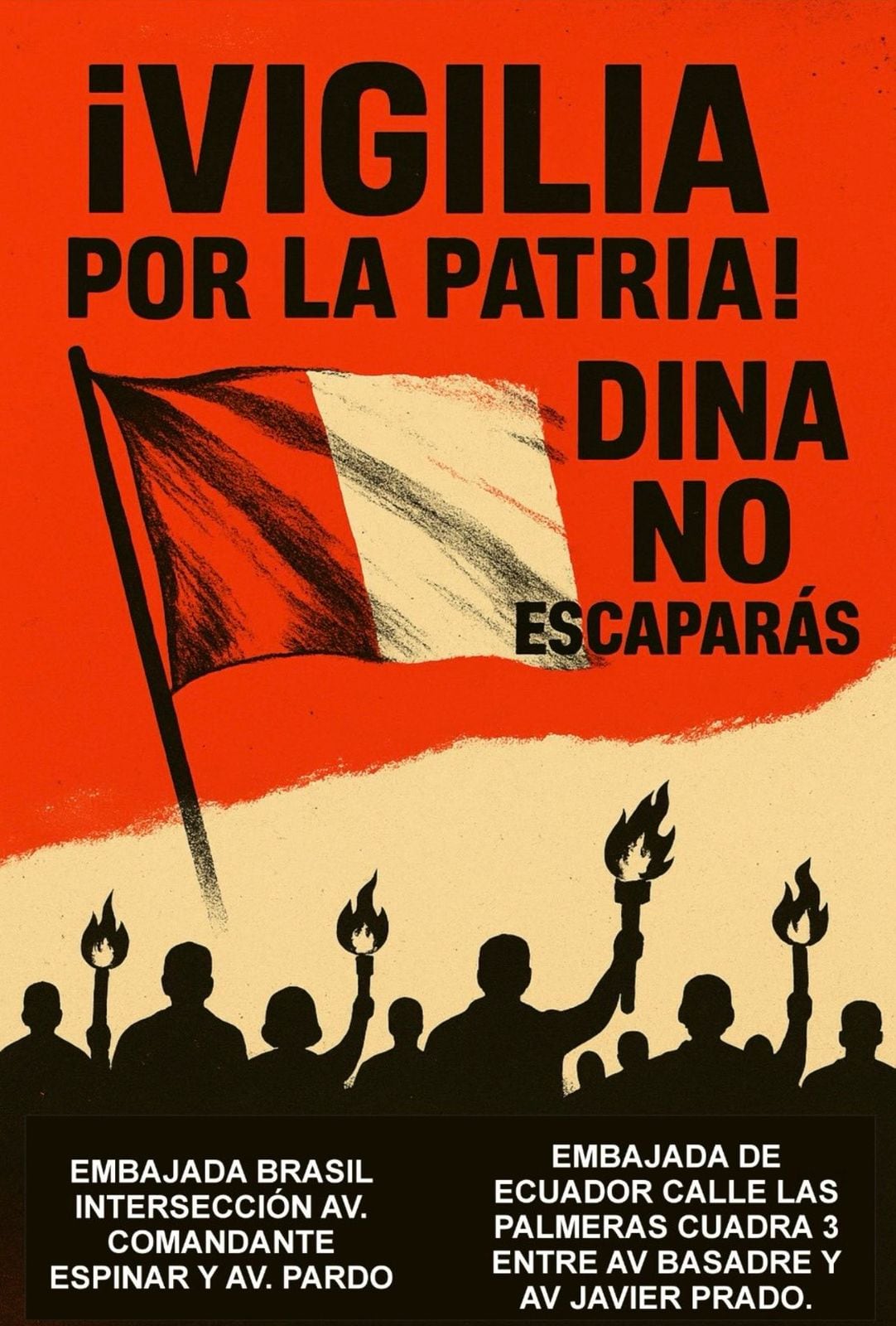 Convocan a vigilia en embajadas pese a que abogado de Dina Boluarte niega que ella solicite asilo político.