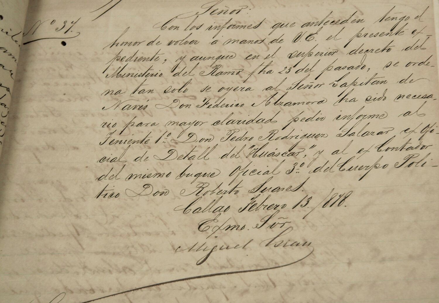 Imagen ampliada del documento de puño y letra del Almirante Miguel Grau Seminario. (Foto: AGN)