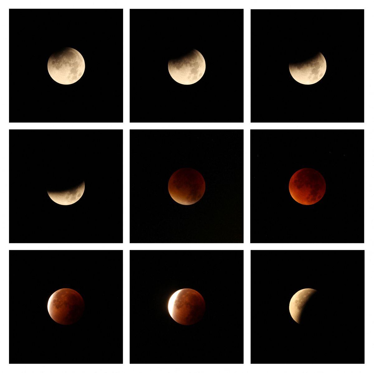 Una combinación de nueve imágenes muestra un eclipse lunar total en Gaiberg, cerca de Heidelberg, en el suroeste de Alemania, el 28 de septiembre de 2015 (Foto: Daniel Roland / AFP)