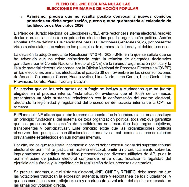 JNE anula primarias de Acción Popular.