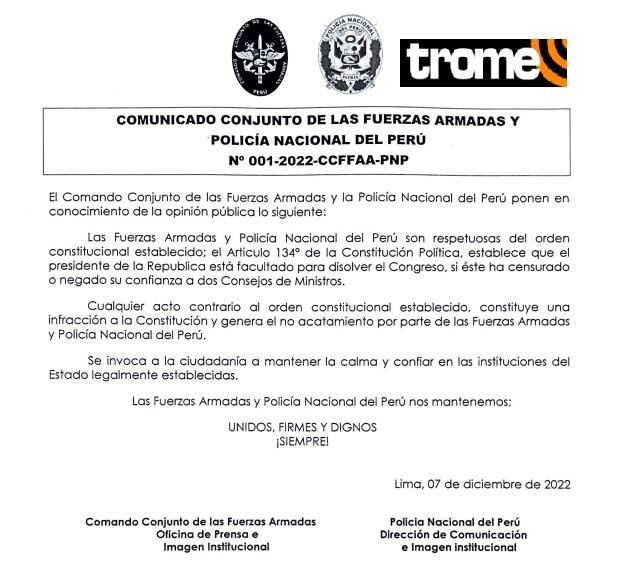 Comando Conjunto no respalda a Pedro Castillo.