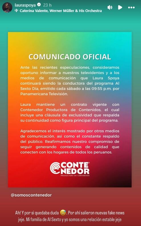 Productora descarta salida de Laura Spoya de 'Al Sexto Día'.