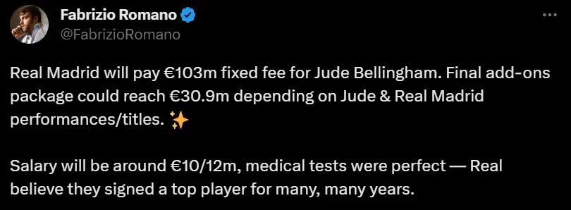 Fabrizio Romano publicó cuánto pagará Real Madrid por Jude Bellingham. Foto: Captura.