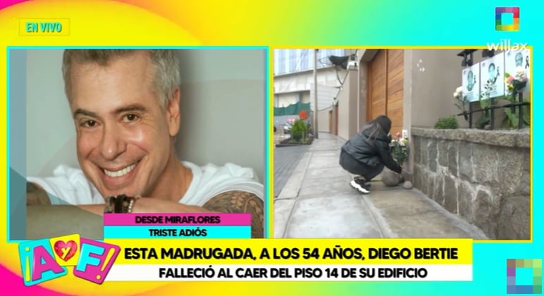 Fans de Diego Bertie se acercan al edificio donde vivió el actor para dejarle flores. (Foto: Captura Willax TV).