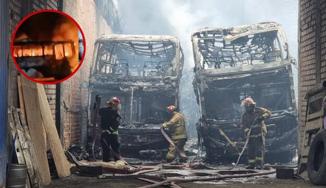 Incendio consume 15 buses de transporte público en una cochera de Ate