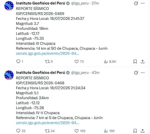IGP reporta dos sismos en Junín la noche de este 18 de julio.