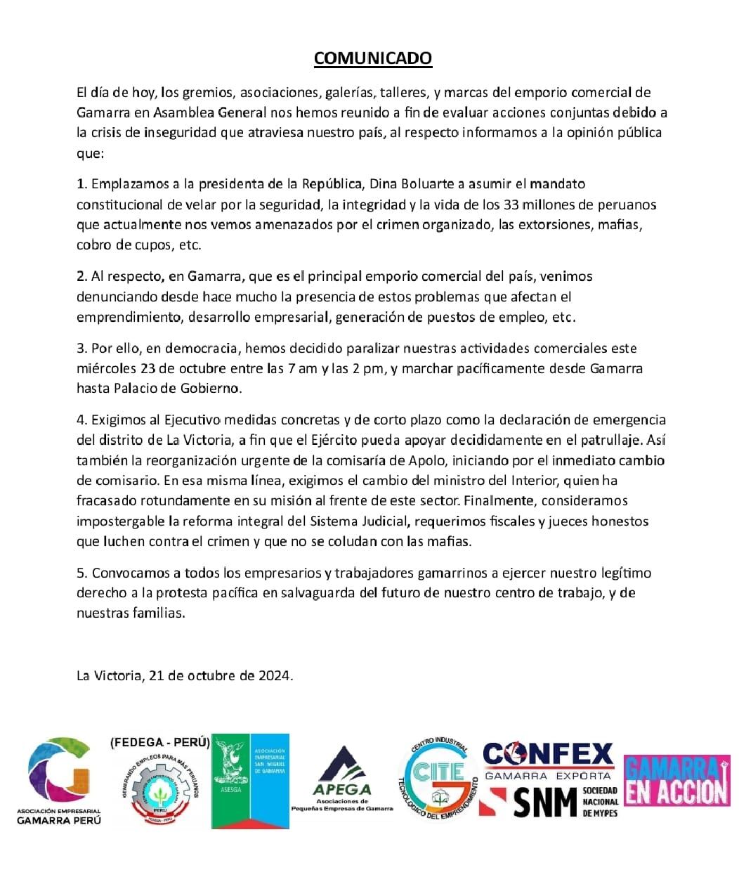 Comunicado de los emprendedores de Gamarra.
