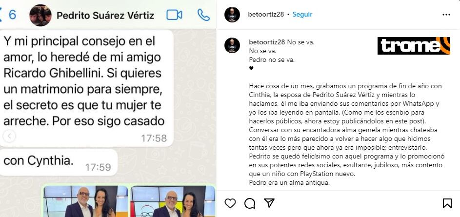 Beto Ortiz lamenta muerte de Pedro Suárez Vértiz.