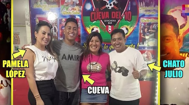 Pamela López, Cueva y el Chato Julio en la cevichería del supuesto nuevo manager de Pamela Franco