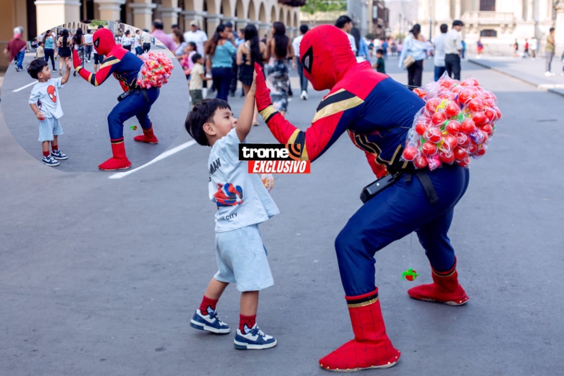 Hombre Araña peruano. Padre de familia se disfraza de Spiderman para llevar alegría a niños y buscar ingresos con la venta de sus yo-yo. (Entrevista: Isabel Medina / Foto: Fernando Sangama / Trome)