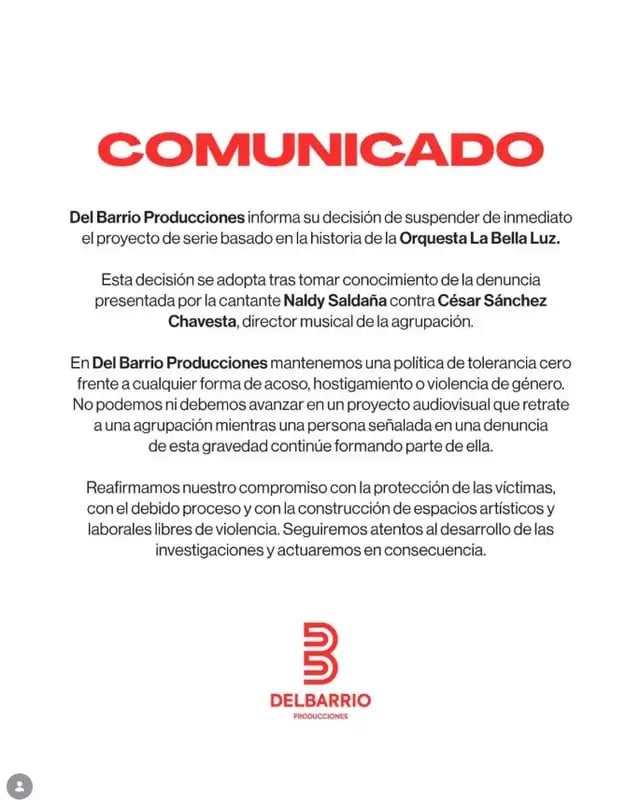 Del Barrio Producciones suspende serie ‘La Bella Luz’ tras denuncia pública.