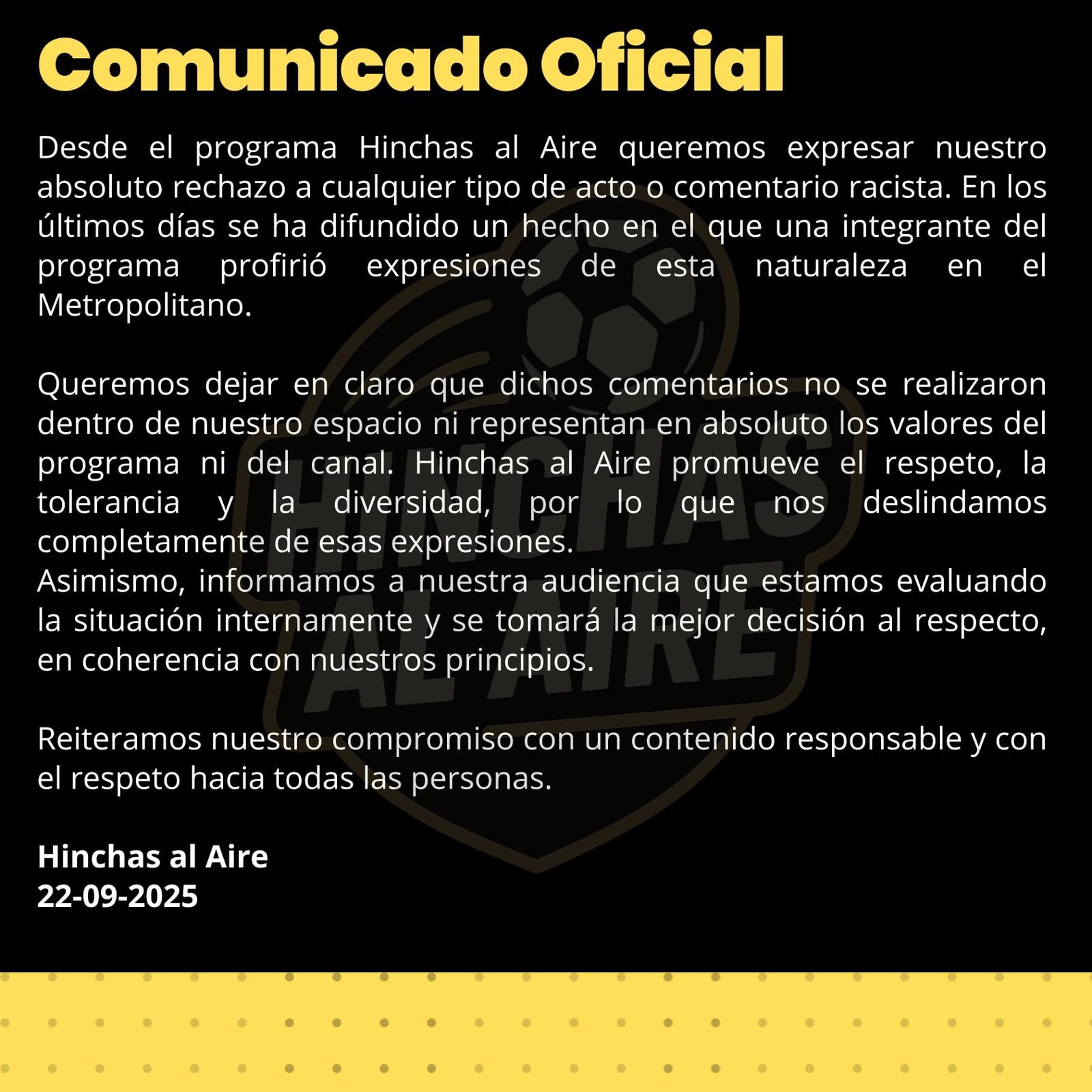 Programa Hinchas al Aire emitió un comunicado; pero público pide la salida de conductora. (Hinchas al Aire)