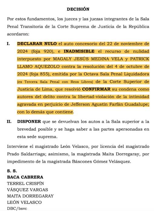 Sala Penal Transitoria de la Corte Suprema decidió declarar nulo e inadmisible recurso de nulidad interpuesto por Magaly Medina y su productor.
