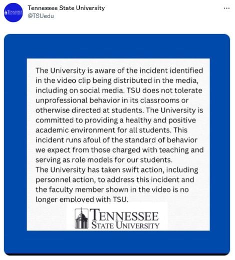 Comunicado de la Universidad Estatal de Tennessee tras video viral. (Foto:
@TSUedu/Twitter)