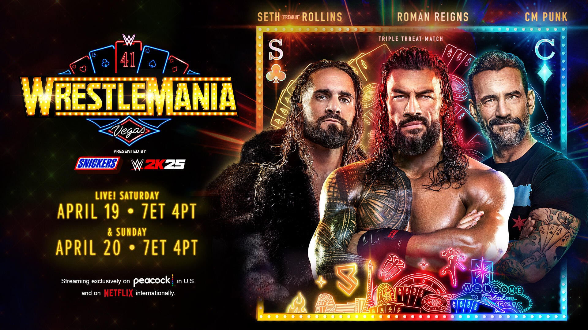 Se 'calienta' WrestleMania 2025 con la lucha de Triple Amenaza entre Seth Rollins, Roman Reigns y CM Punk. (WWE)