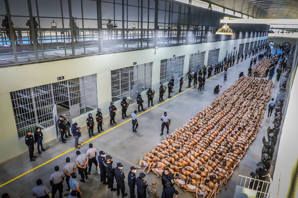 Fotografía cedida por el gobierno de El Salvador donde se registra el traslado de pandilleros al Centro de Confinamiento del Terrorismo (CECOT), en La madrugada en Tecoluca (El Salvador). (EFE/ Gobierno De El Salvador).