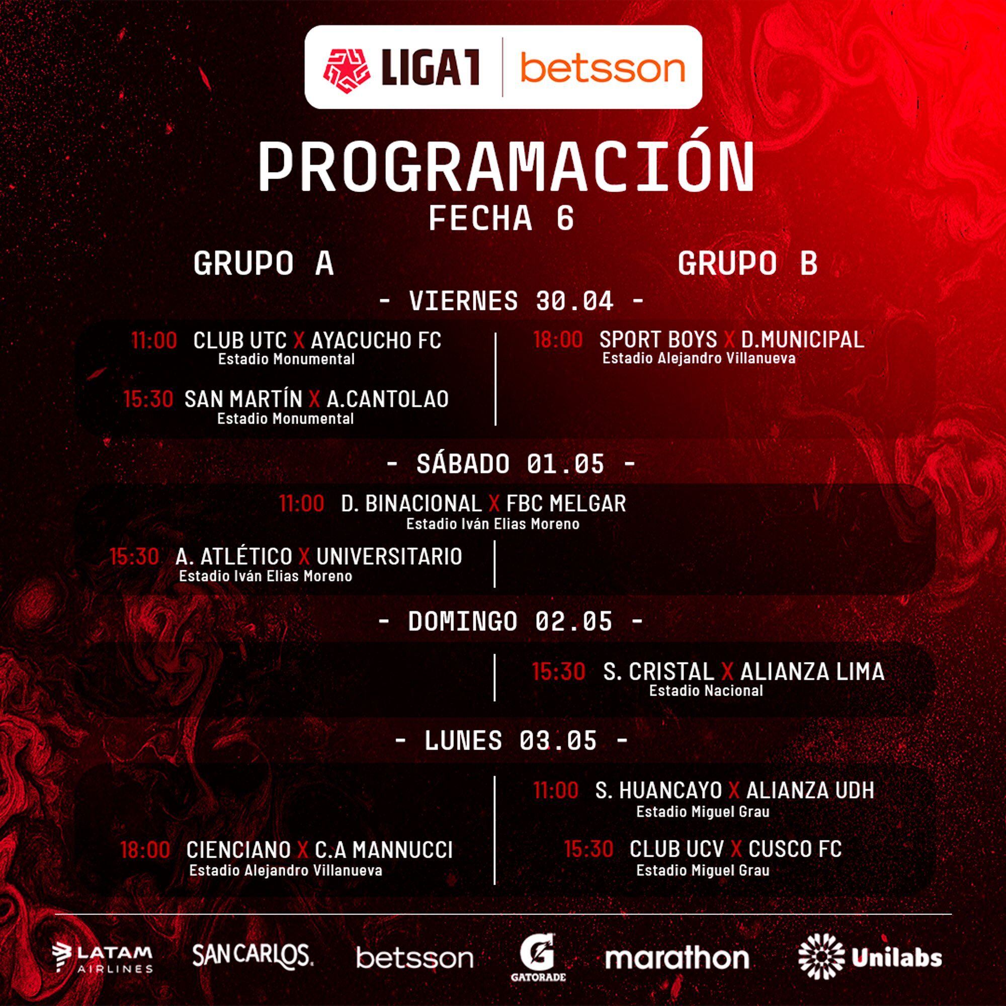 La programación de la fecha 6 de la Fase 1 de la Liga 1.