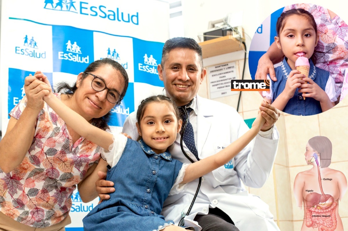 Con exitosa cirugía realizada por médicos especialistas del hospital Almenara, niña de ocho años ya no vive sometida a sondas y puede comer con normalidad. (Isabel Medina / EsSalud / Compos. Trome).