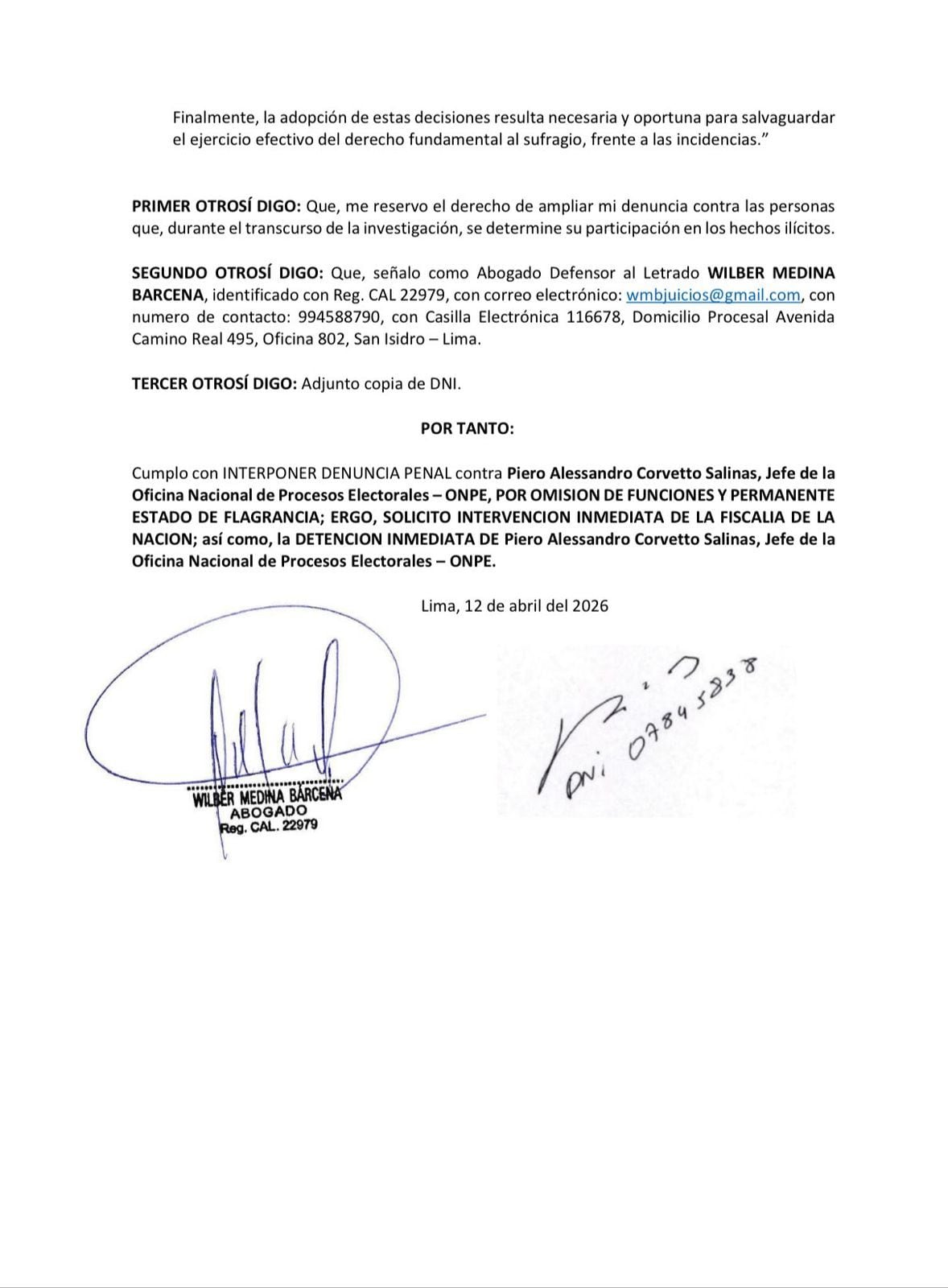 Denuncia penal contra Piero Corvetto