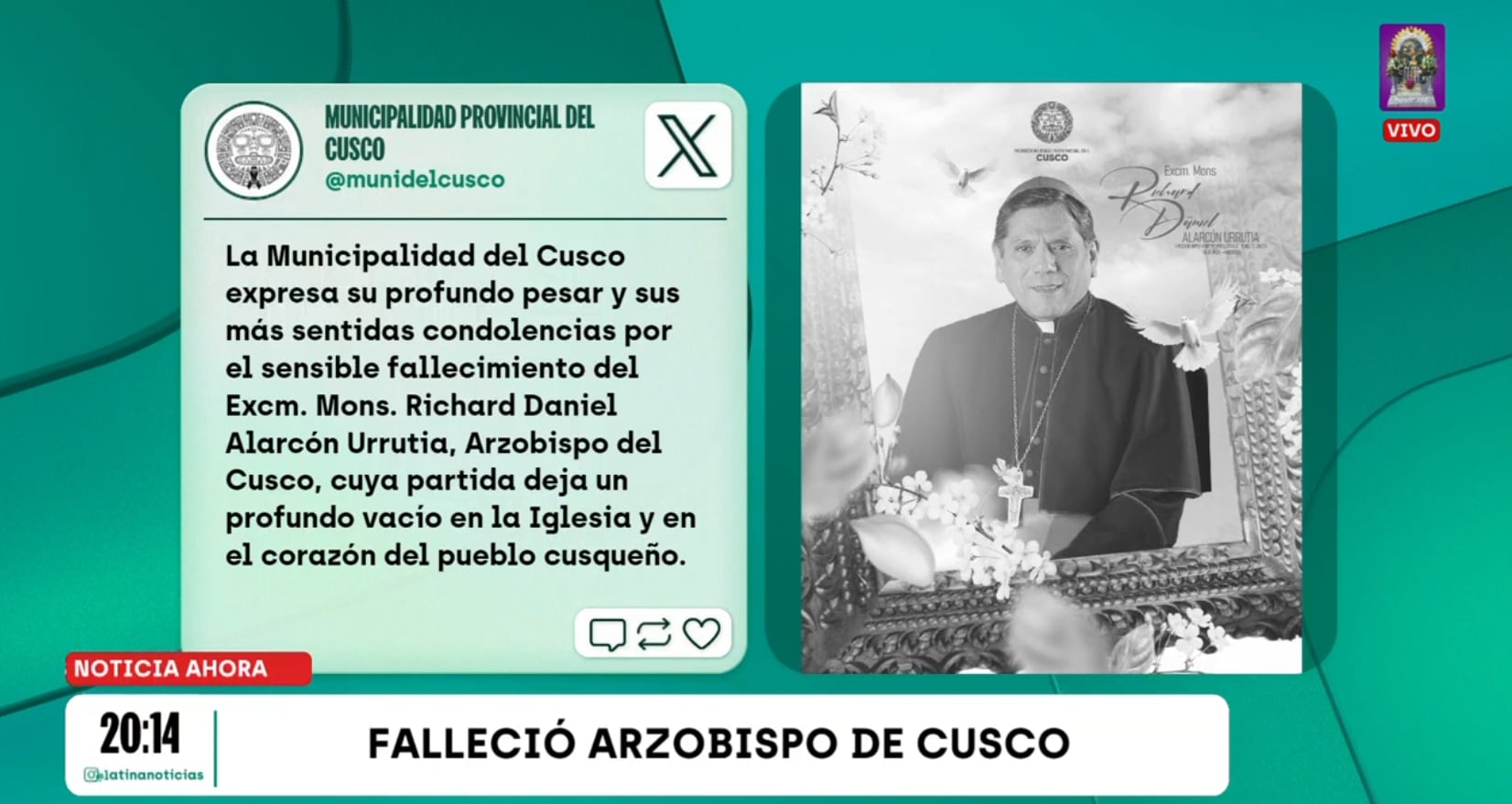 Municipalidad del Cusco emite su sentido pésame por el fallecimiento del arzobispo Richard Alarcón.